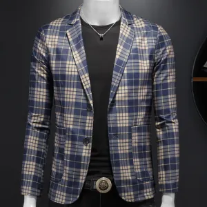 Blue Plaid Polyester Blazer