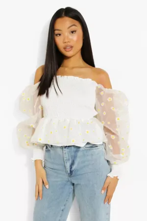Boohoo Petite Daisy Organza Shirred White Peplum Ladies Top
