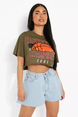 Boohoo Petite Khaki Houston Printed Crop Ladies T-Shirt