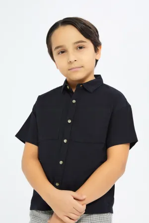 Boys Black Double Pocket Oxford Shirt