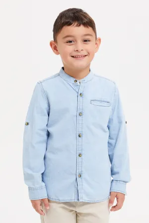Boys Blue And White Denim Shirt With T-Shirt Set (2 Piece)