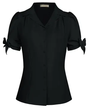 BP Women Vintage Shirt Short Sleeve Lapel Collar V-Neck Button-up Tops