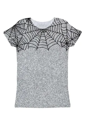 Bugs & Kisses Zoe Silver Grey Spider Web Glitter Print T-Shirt - Women