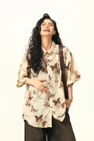 Butterfly Print Vintage Short Sleeve Shirt