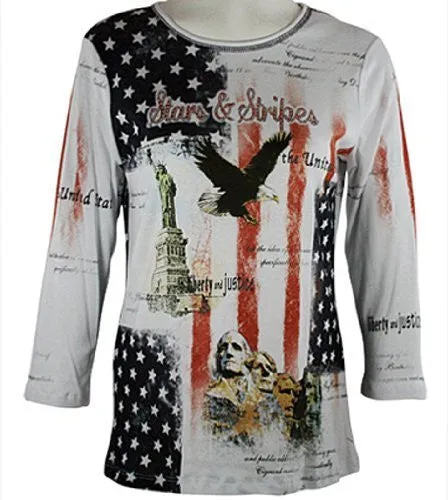 Cactus Fashion - Stars & Stripes, 3/4 Sleeve, Rhinestone Accents Cotton Print Top