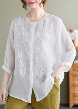 Casual White Embroideried Oversized Linen Shirt Summer LY7321