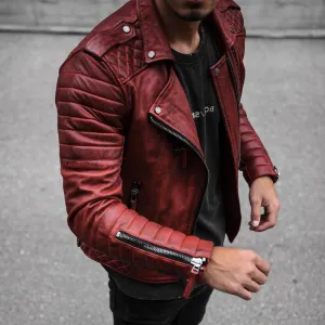 Casual Zipper Red Solid Color Leather Jacket