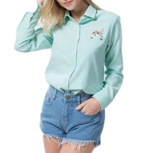 Cat Embroidery Long Sleeve Blouse