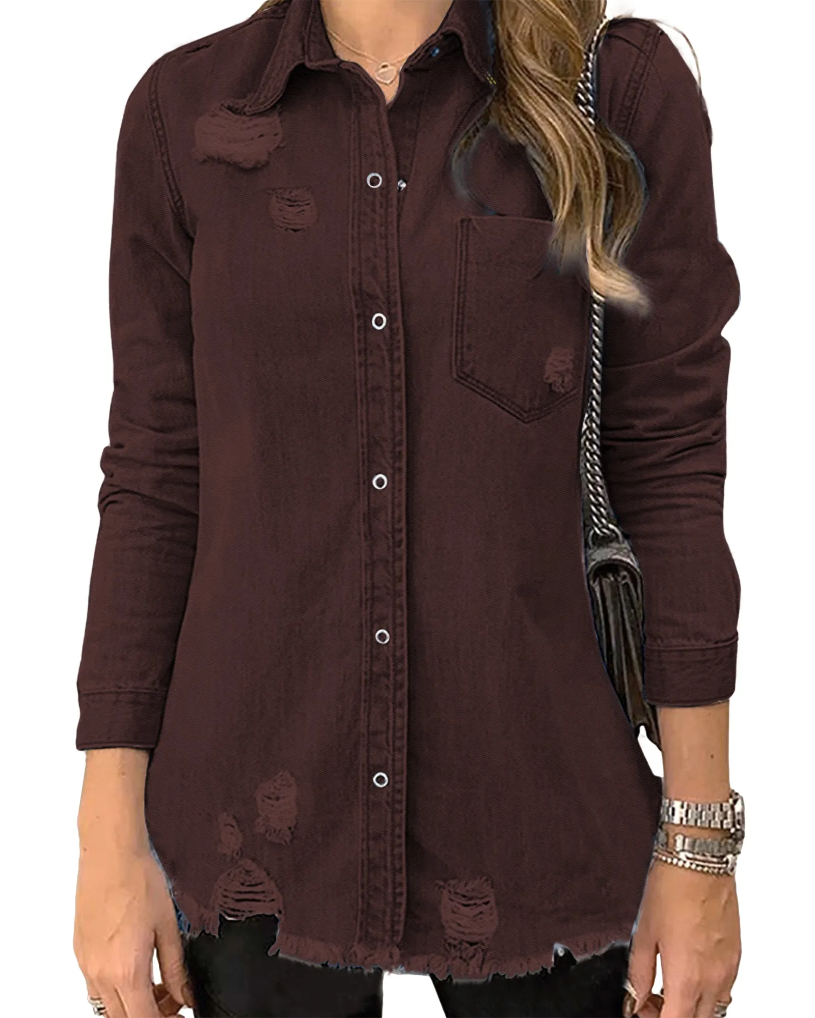 Chocolate Brown Frayed Hem Distressed Button-Down Denim Jacket