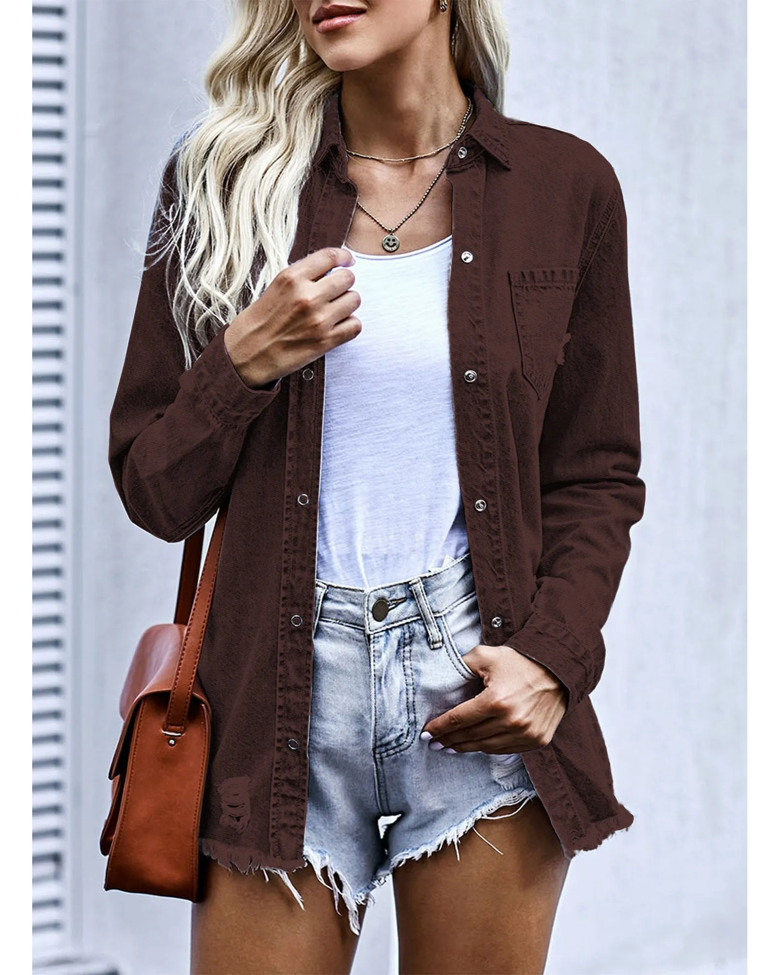 Chocolate Brown Frayed Hem Distressed Button-Down Denim Jacket