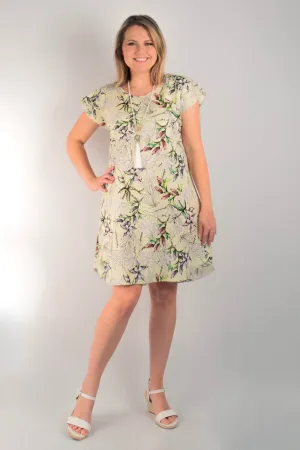 Citrus Print Linen/Silk Short Sleeve Dress
