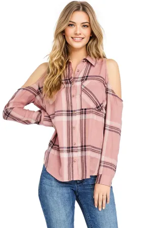 Cold Shoulder Plaid Shirt