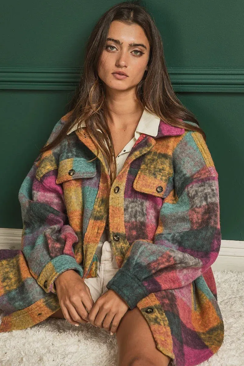 Colorful loose fit buttoned down check shirt jacket