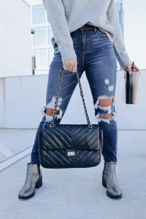 Colossal Quilted Crossbody Purse - Black/Silver