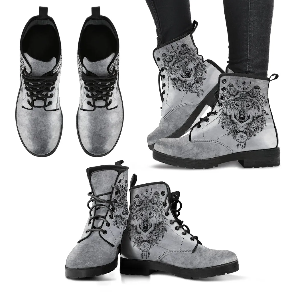 Combat Boots for Women - Boho Wolf 2 Handcrafted Boots | Unique Custom Faux Leather Shoes, Cruelty-free Vegan Handmade Lace Up