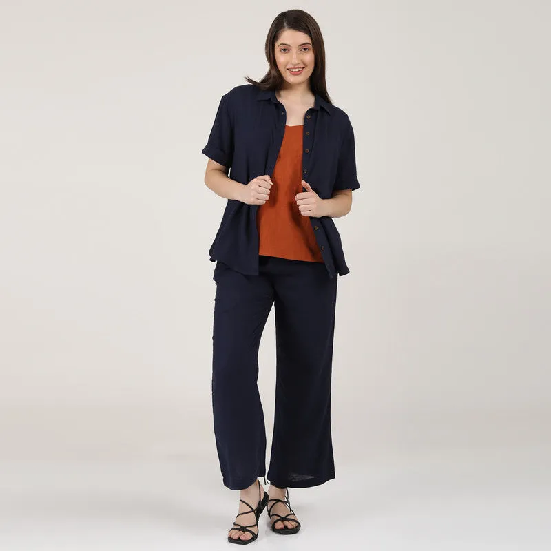 Cotton Linen Co Ord Set | Navy Blue & Rust | Set of 3