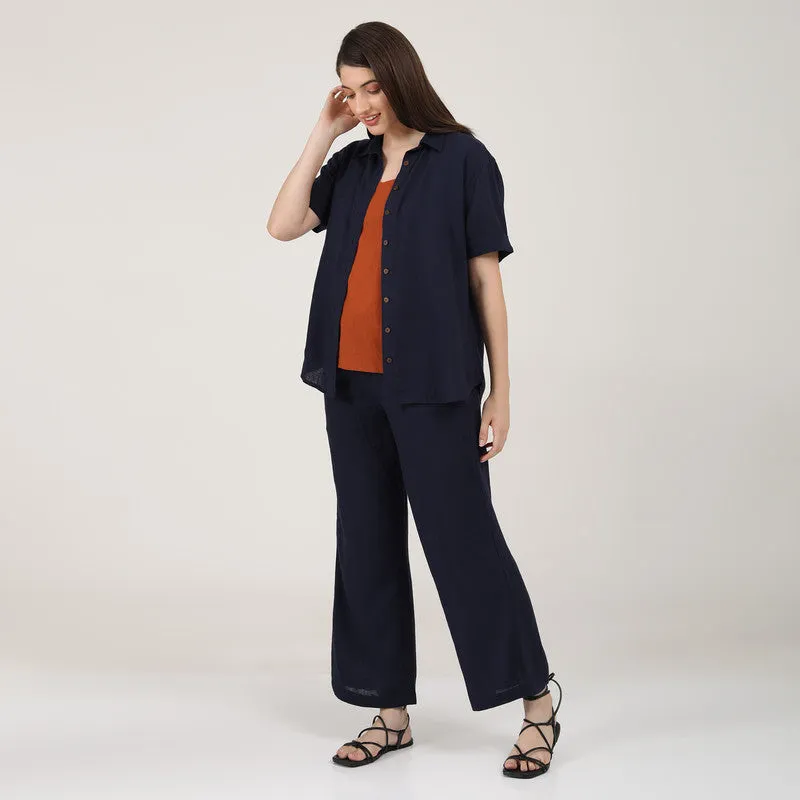 Cotton Linen Co Ord Set | Navy Blue & Rust | Set of 3
