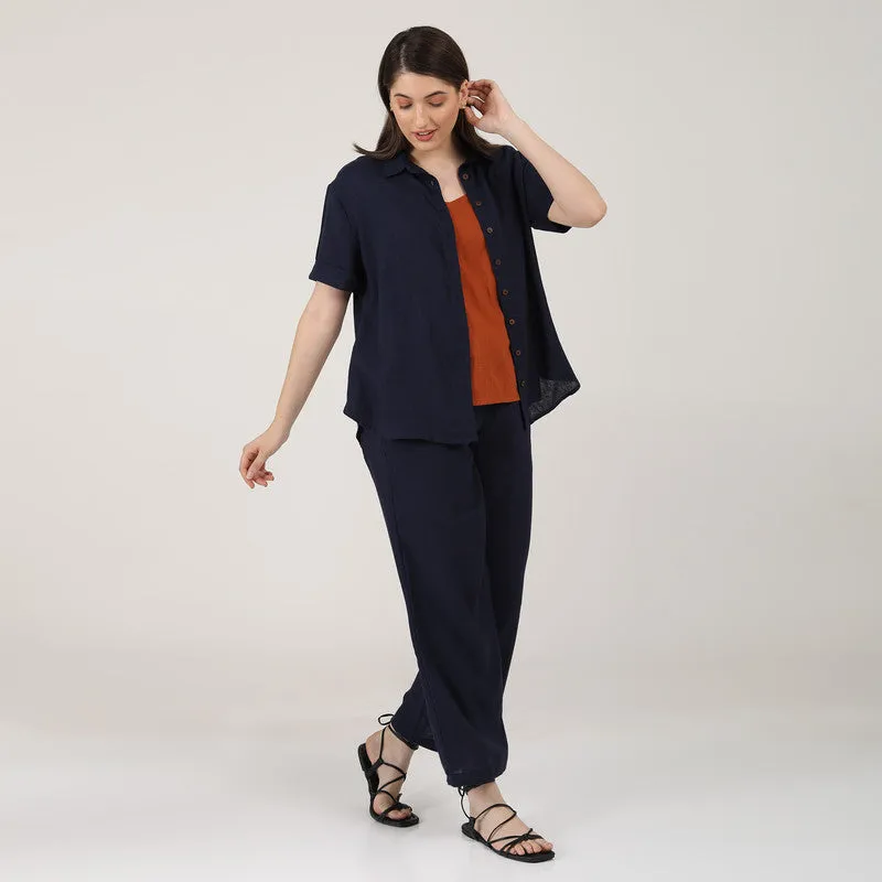 Cotton Linen Co Ord Set | Navy Blue & Rust | Set of 3