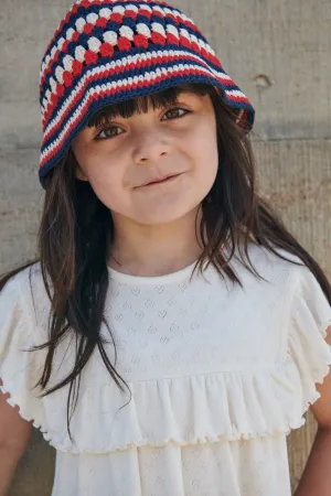 CROCHET HAT - CREAM/NAVY/RED COMB.