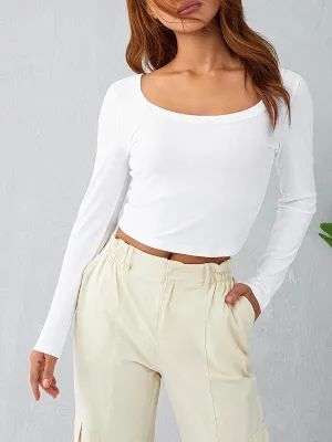 Crop Tee Long Sleeve Sexy Crew Neck Fitted Midriff-Baring Basic T-shirt