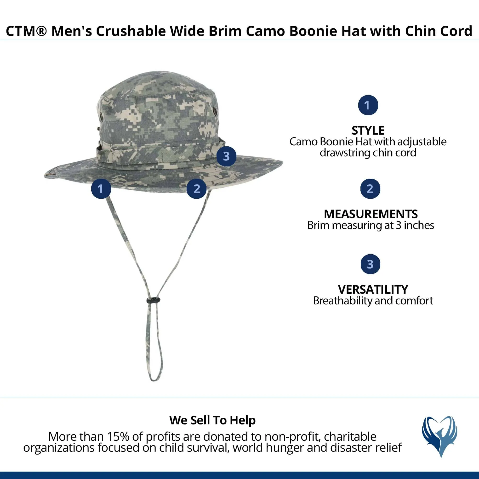 CTM® Men's Crushable Wide Brim Camo Boonie Hat with Chin Cord