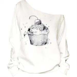 Cute Printed Off Shoulder Fleece Long Sleeve Shirt