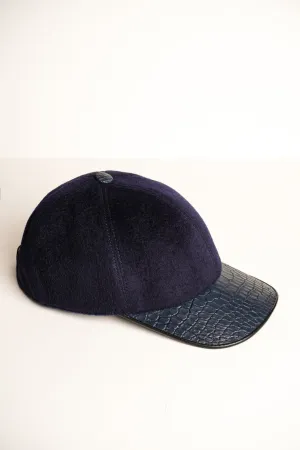 Dark Blue Cashmere & Crocodile Leather Cap