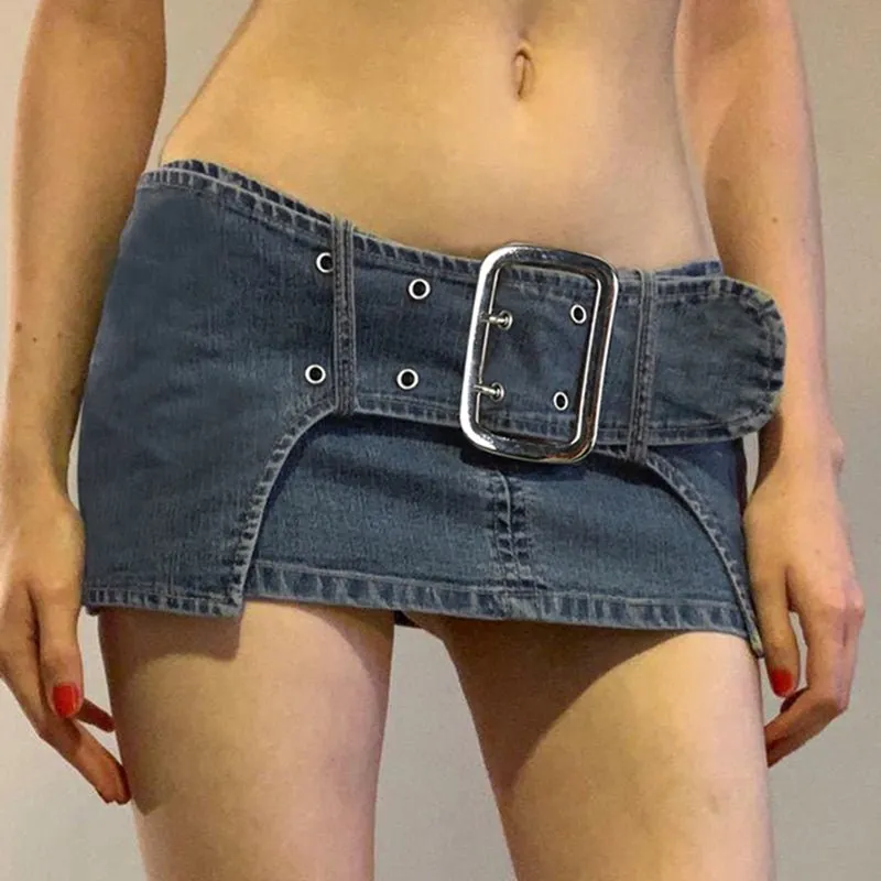 Dark Denim Skirt With Wide Belt Versatile