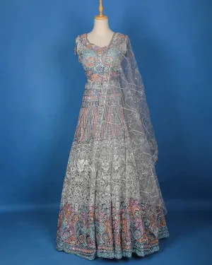 Dark Grey Floral Embroidered Lehenga