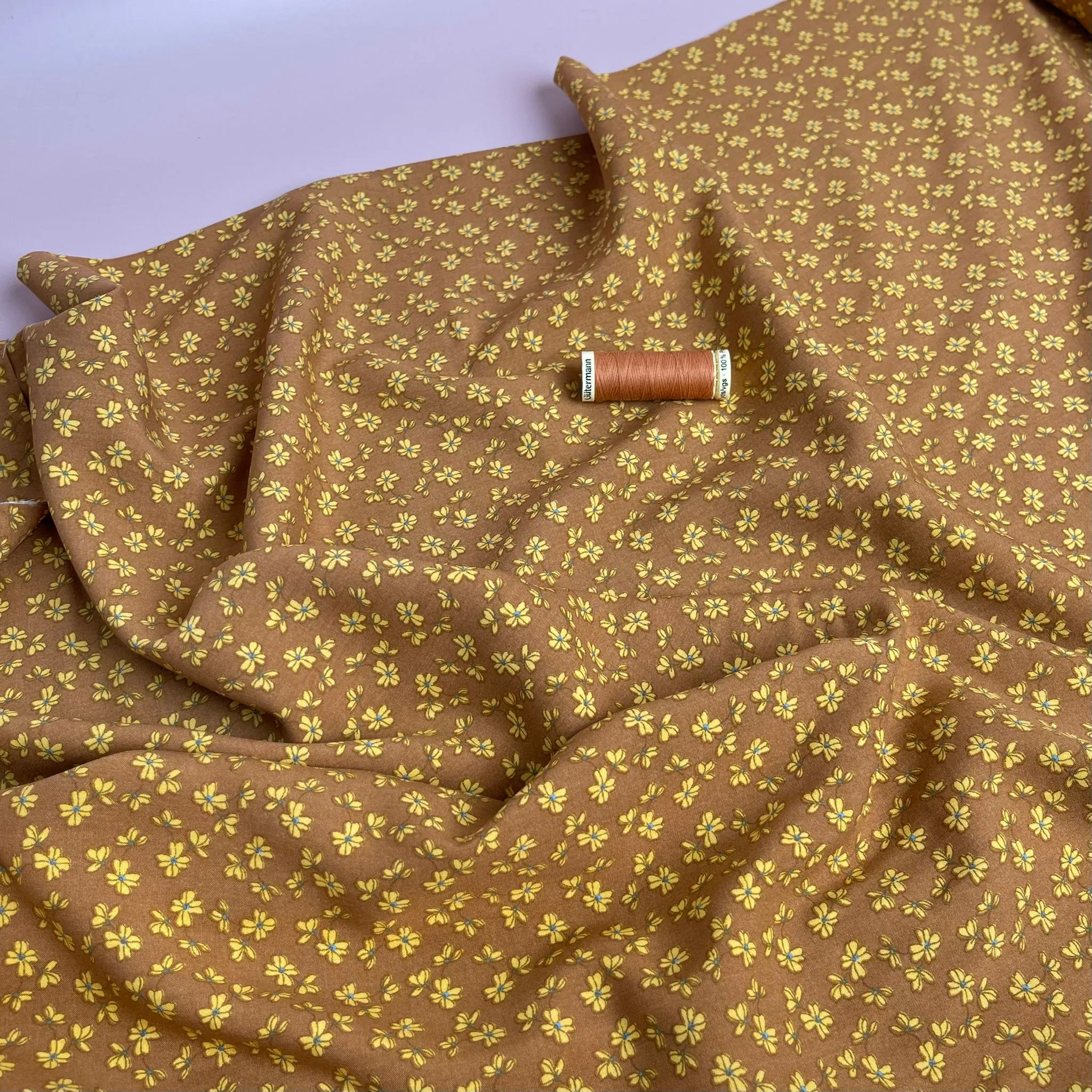 Ditsy Clover on Mustard Viscose Poplin Fabric