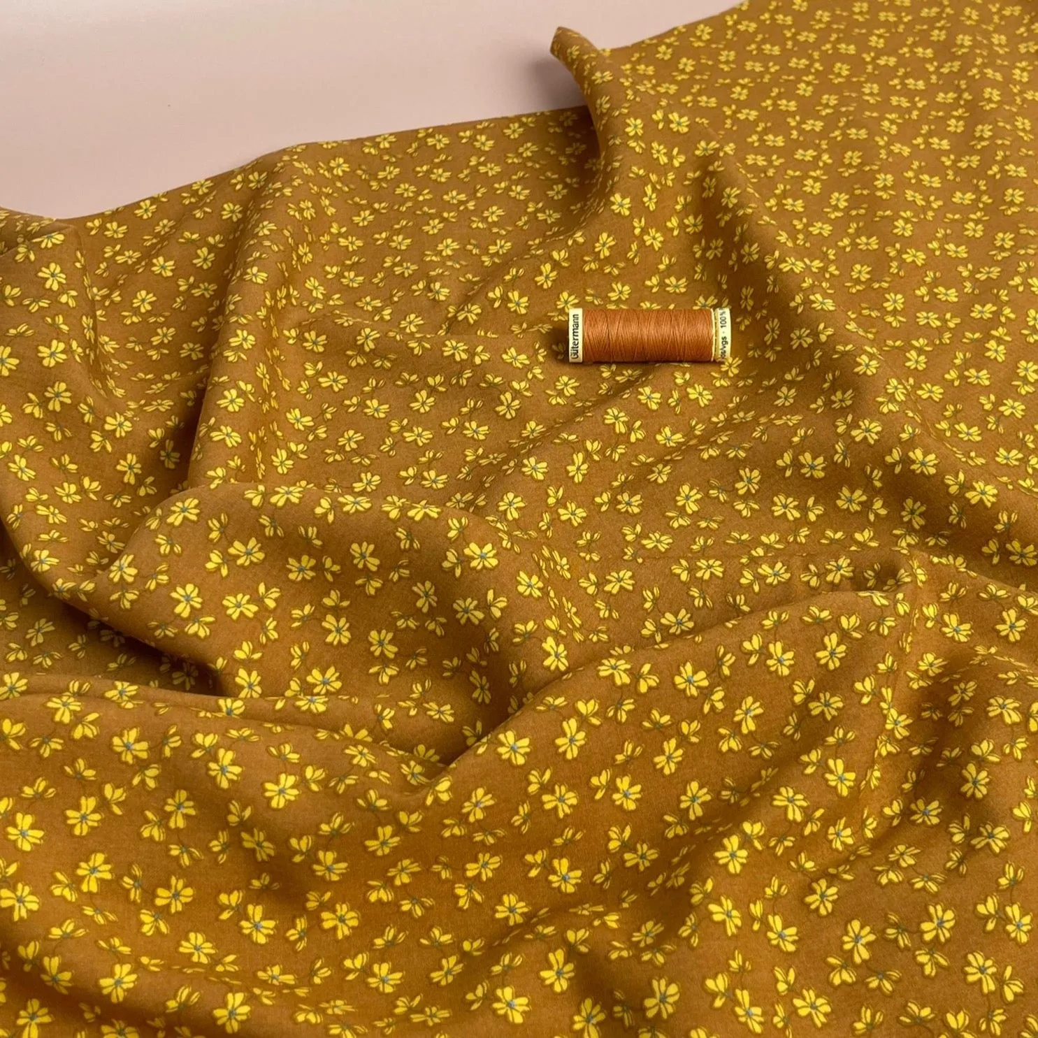 Ditsy Clover on Mustard Viscose Poplin Fabric