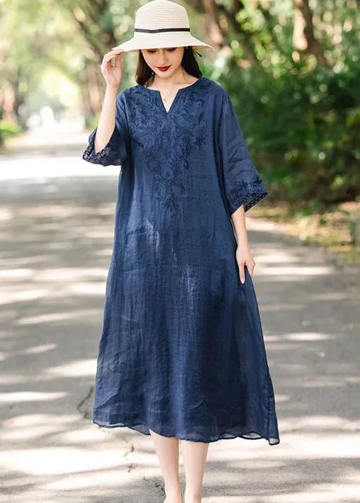 Elegant Navy V Neck Embroideried Patchwork Linen Dresses Summer LY2552