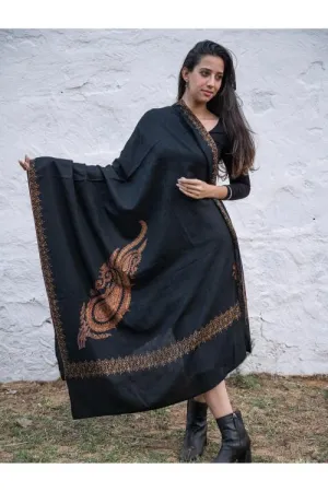 Exclusive, Fine Hand Embroidered Kashmiri Shawl - Black Paisleys