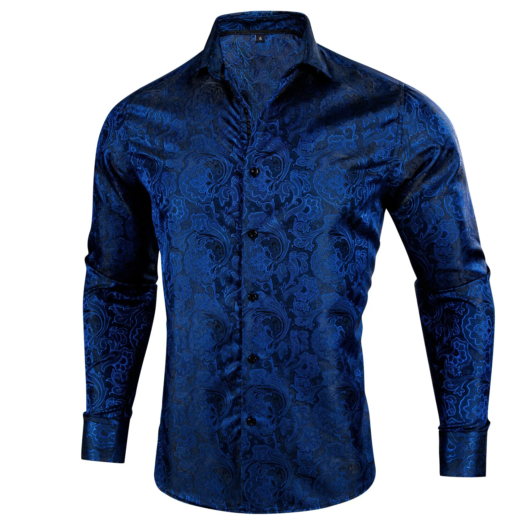 Fashion Black Deep Blue Paisley Silk Men's Long Sleeve Shirt