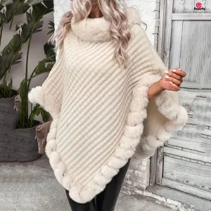 Fashion Stripes Faux Fur Pullover Cape Coat Autumn Winter Knit Poncho Wrap