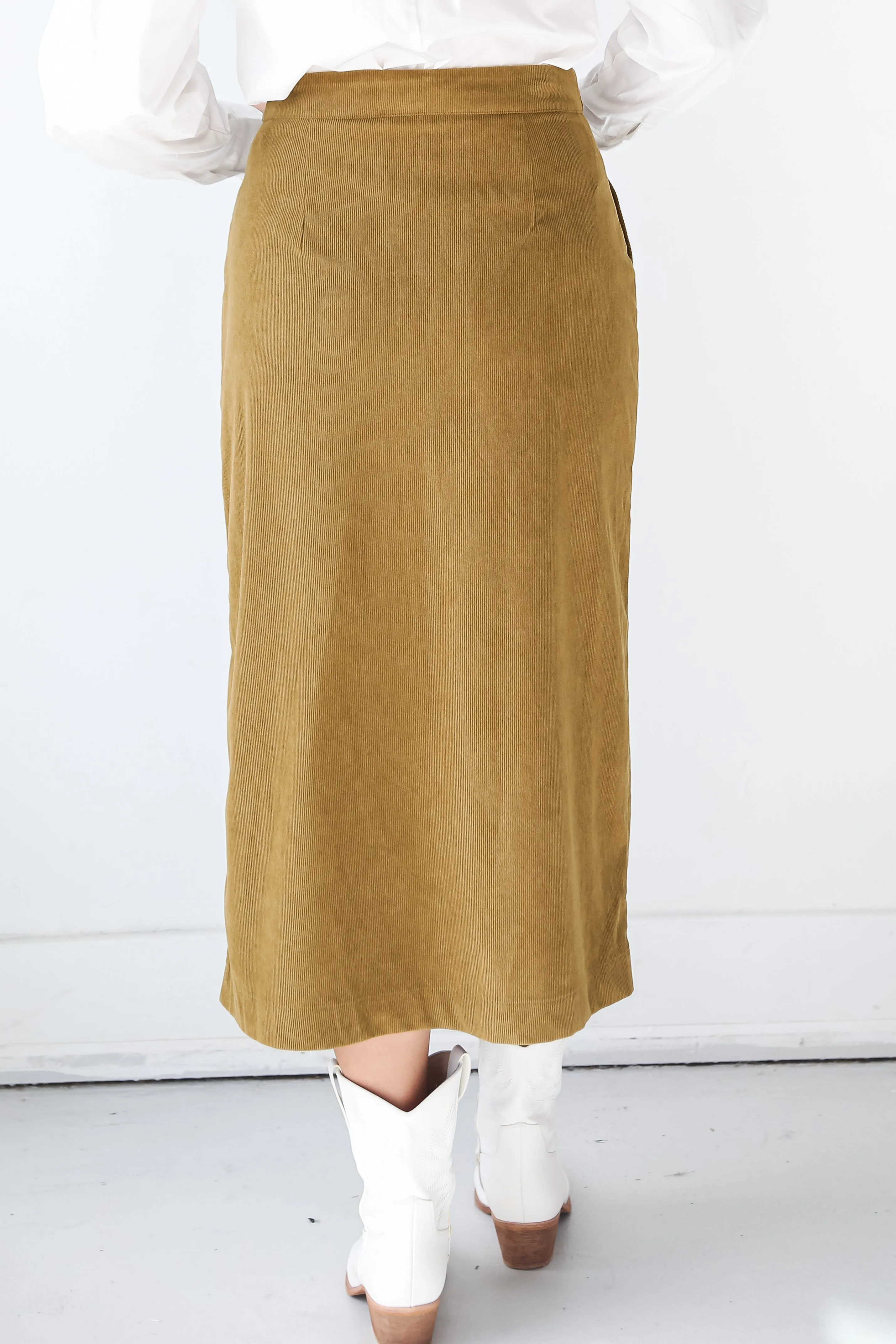 FINAL SALE - Iconic Vibes Olive Corduroy Midi Skirt - DOORBUSTER