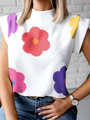 Floral Printed Cap Sleeve High-neck T-Shirts Tops