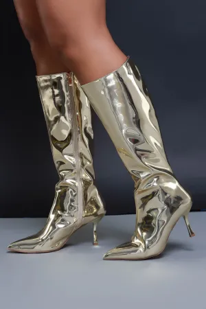 For The Night Shiny Faux Leather Boots - Gold
