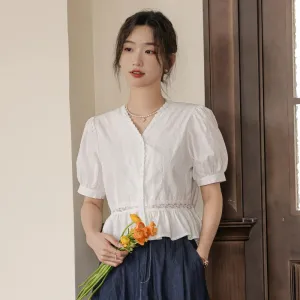 French Style V-neck Pure Color Women Shirt Summer Slim Waist Puff Sleeve Single Breasted Female Shirts Casual Office Lady