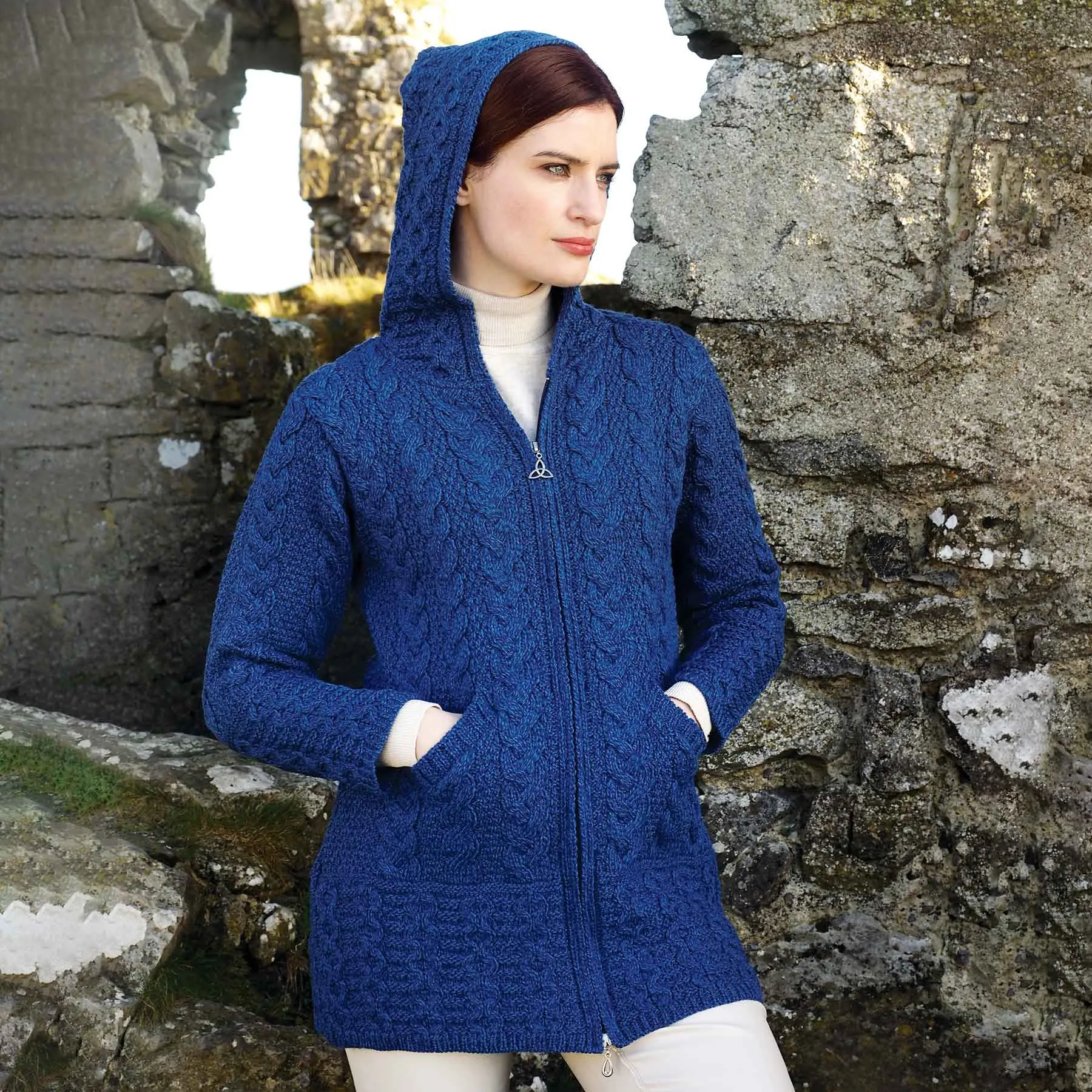 Galway Zip Up Hooded Aran Knit Jacket- Marl Blue