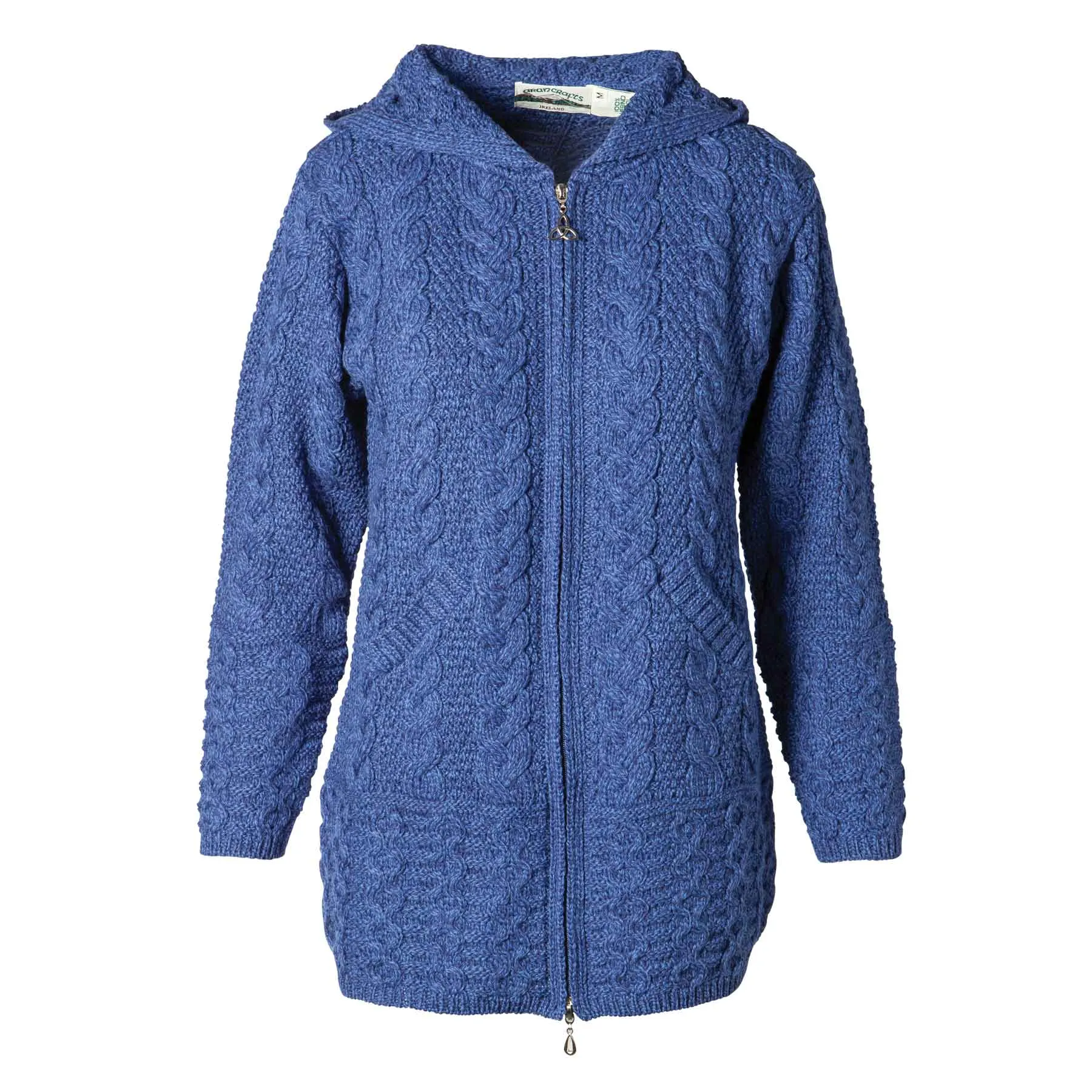 Galway Zip Up Hooded Aran Knit Jacket- Marl Blue