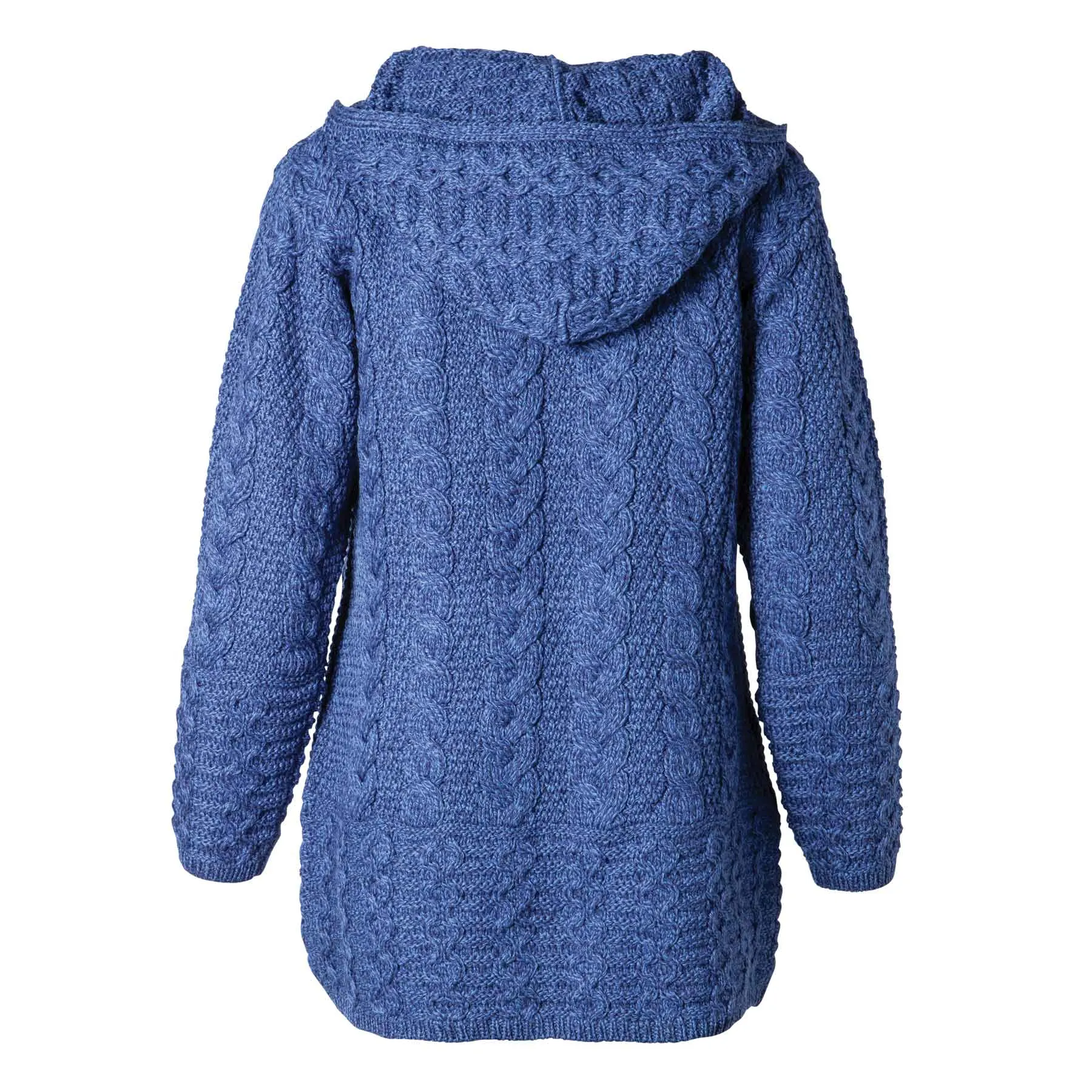 Galway Zip Up Hooded Aran Knit Jacket- Marl Blue