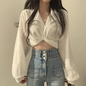 Girlary Korean Clothing Fashion Women Short Navel Shirt Summer New Top Solid Sexy Bow Versatile Slim Female Chic Long Sleeve Blouse