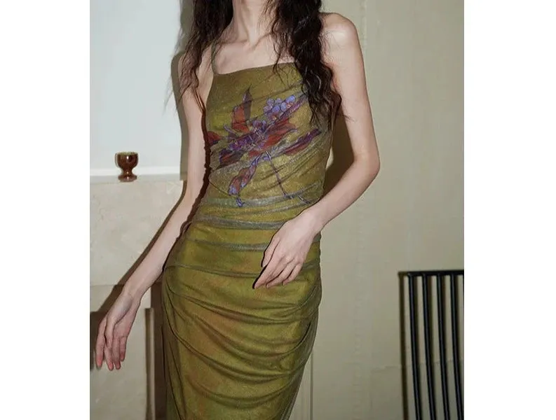 Girlary Summer Women's Dress Design Sense Vintage Halter Hollowed Out Print Waist Retraction Slim Fit Improved Cheongsam Ladies Clothing