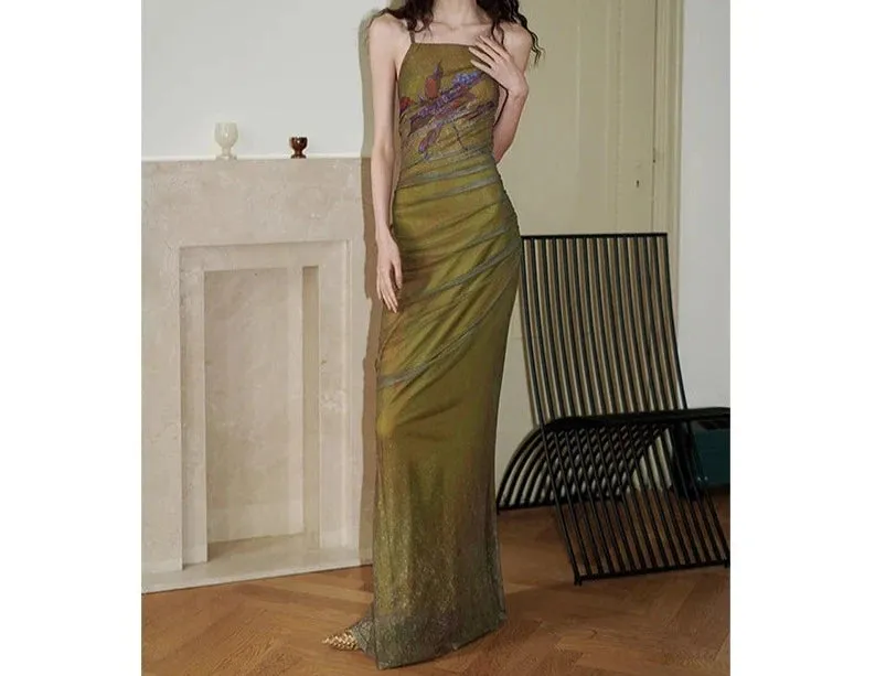 Girlary Summer Women's Dress Design Sense Vintage Halter Hollowed Out Print Waist Retraction Slim Fit Improved Cheongsam Ladies Clothing