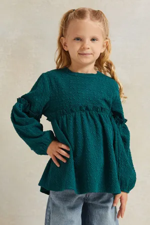 Girls Green Jacquard Blouse With Frill Details