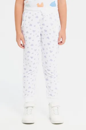 Girls White Heart Printed Track Pants