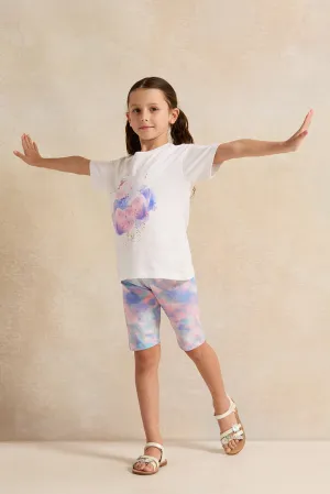 Girls White Printed Casual Set (2 Piece)