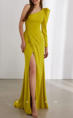 GM203 - Sheath One Shoulder Long Sleeves Cocktail Dress Wedding Guest Dress with Slit and Train