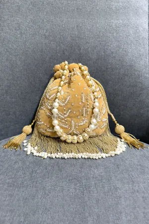 Gold Velvet Pearl & Beads Embellished Wedding Day Potli Bag